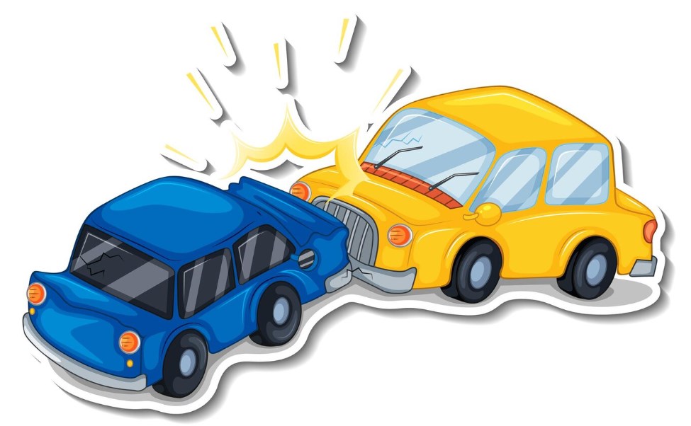 sticker design: two cartoonish cars wrecked in a car crash