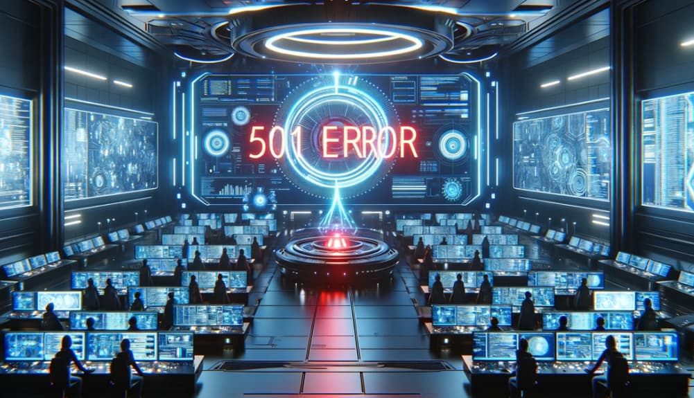Title "501 Error," showing a futuristic control room with a prominent error message on the central screen