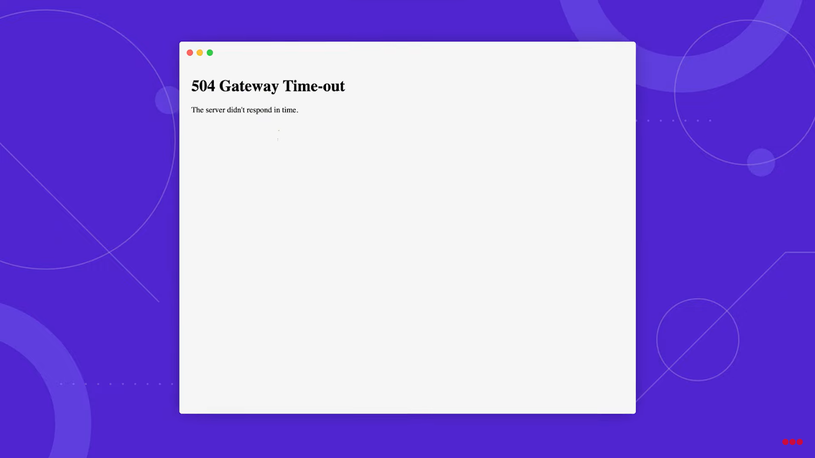 A minimalist 504 Gateway Time-out error screen with a purple background and abstract shapes