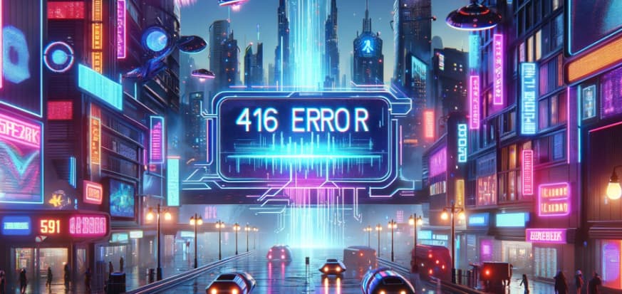 Image titled "416 Error," featuring a futuristic cityscape with a cyberpunk theme